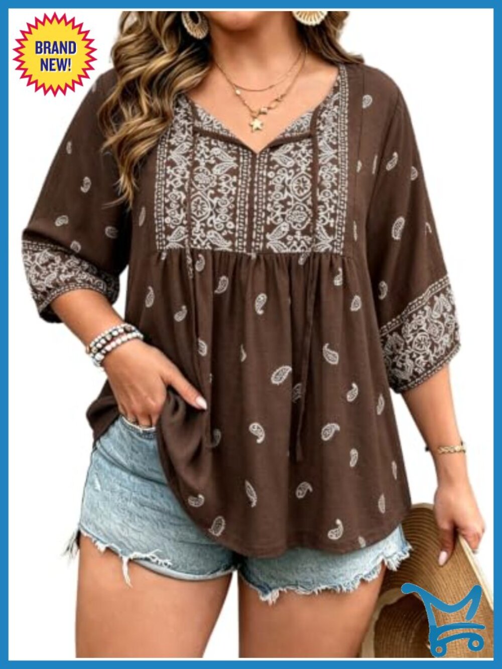 Plus Size Puff Sleeve Blouse Square Neck Boho Tunic Top